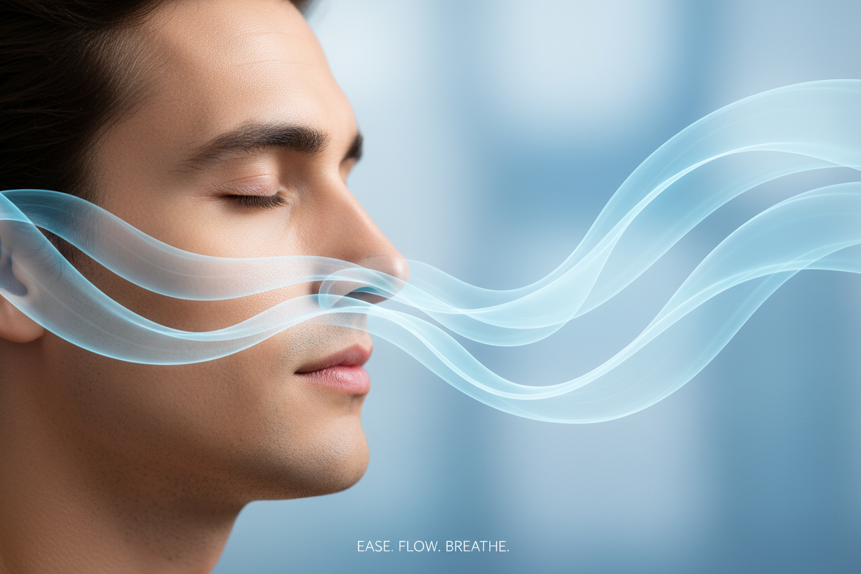 es soll ein man sein der entspannt atmet und man soll sehen wie die luft ströhme durch seine nase geht. ich verkaufe ein clip um besser zu atmen